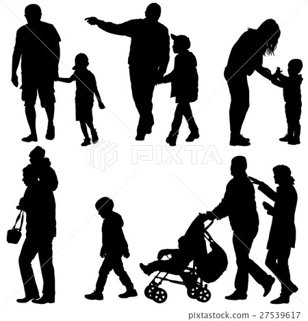 Set black silhouettes Family with pram on white Set black silhouettes Family with pram on white 27539617