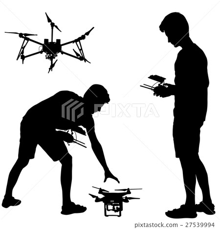 silhouette of a man operates unmanned quadcopter 27539994