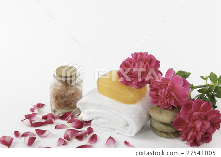 Spa concept with luffa soap,salt,zen stone,rose 27541005