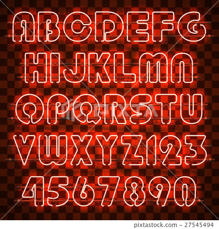 Glowing orange neon alphabet and digits. 27545494