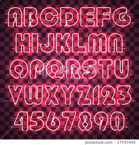 Glowing pink neon alphabet and digits. 27545495