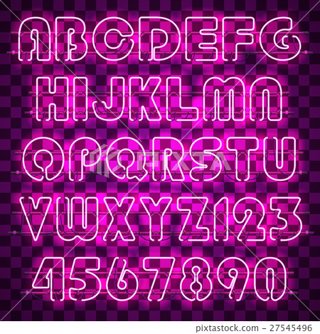 Glowing purple neon alphabet and digits. 27545496