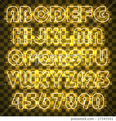 Glowing yellow neon alphabet and digits. 27545501