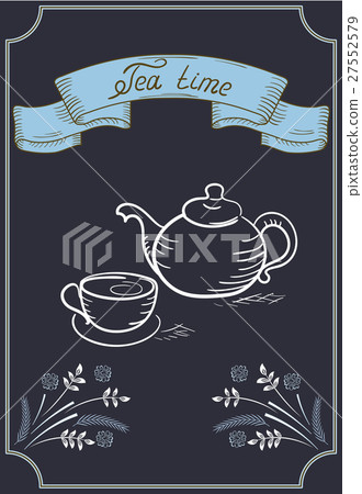 Design signboard for cafe with ribbon and tea cup 27552579