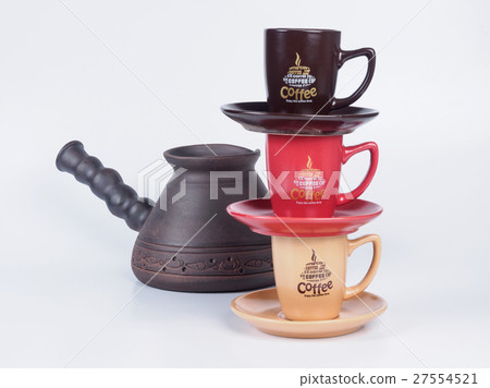Coffe cups and handmade jezve isolated on white 27554521