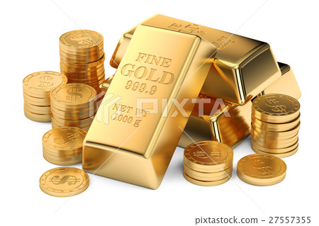 Gold ingots and coins, 3D rendering 27557355