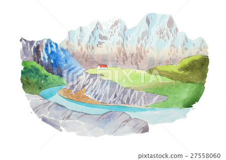 Natural landscape mountains and river watercolor 27558060