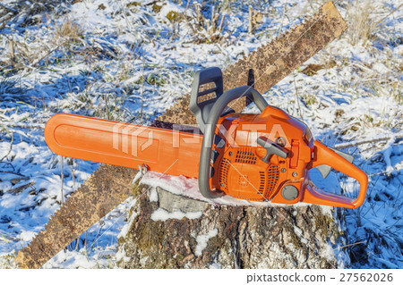 Chainsaw with old hand saw on stump in forest 27562026