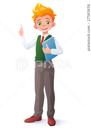 Vector smart school boy index finger pointing up 27565656