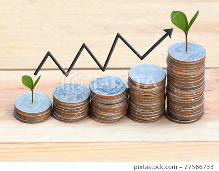 silver coin stack and arrow line and have treetop. 27566733