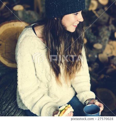 Woman Smiling Sandwich Camping Sawmill Relaxation Concept 27570028