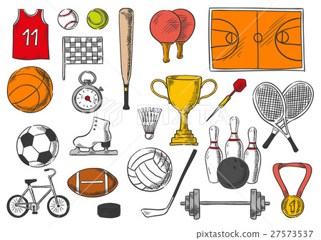 Sport items, balls isolated sketch vector icons 27573537