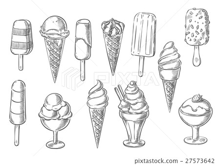 Ice cream desserts sketch vector icons 27573642