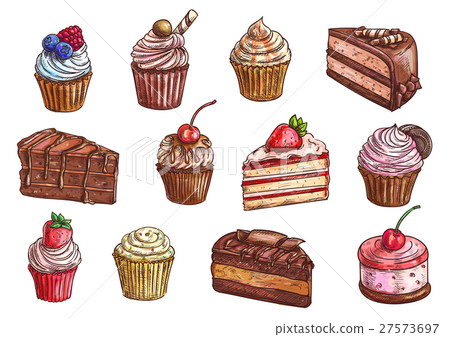 Desserts and sweet cakes sketch vector icons Desserts and sweet cakes sketch vector icons 27573697