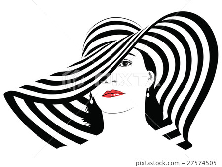 Girl with dark hair in big striped hat - vector Girl with dark hair in big striped hat - vector 27574505