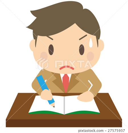 Studying hard with a brown blazer male student desk 27575937