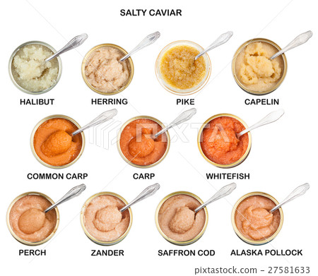 set from open tins with caviar with spoon isolated 27581633