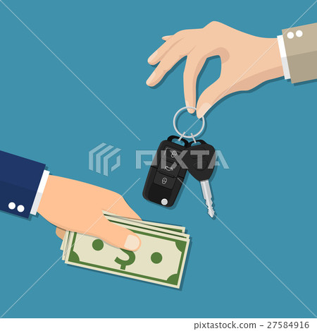 Car salesman giving key to new owner. 27584916