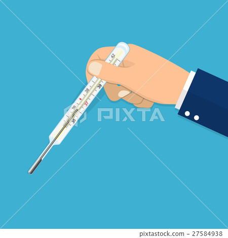 The hand holds a thermometer. The hand holds a thermometer. 27584938