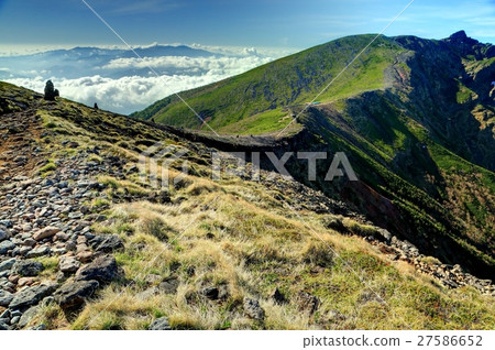 從Yatsugatake山/ Iwodake峰頂到Yokodake和Okuchi Chichi Rayama遠處的山脊線 從Yatsugatake山/ Iwodake峰頂到Yokodake和Okuchi Chichi Rayama遠處的山脊線 27586652