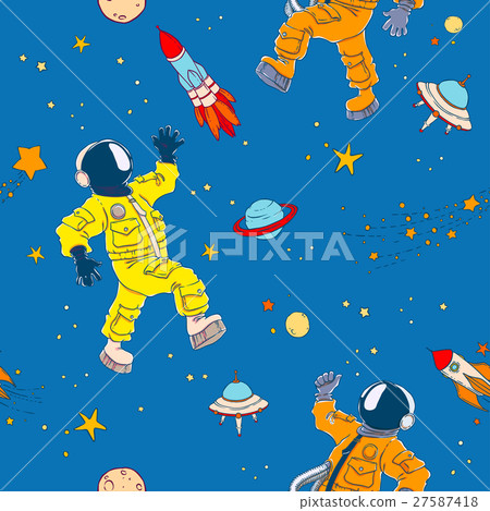 Seamless pattern with astronauts, UFOs, planets 27587418