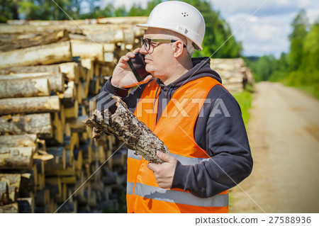 Lumberjack with tree bark and smart phone near log 27588936