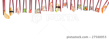 Sushi roll set in wooden red chopsticks isolated  27588953