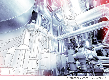 Sketch of piping design mixed to industrial photo 27589634