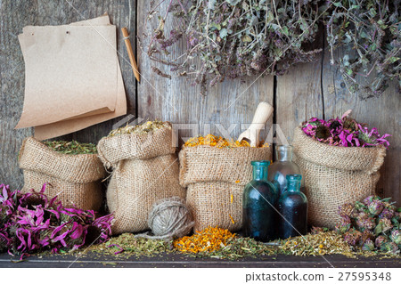 Healing herbs in bags, paper sheet and bottles Healing herbs in bags, paper sheet and bottles 27595348