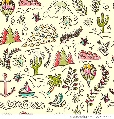 seamless pattern with cactus, palm trees, ship seamless pattern with cactus, palm trees, ship 27595582