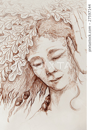 wise woman with oak leaves listening to secret 27597144
