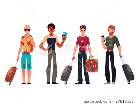 Set of young handsome male travelers with luggage 27616192