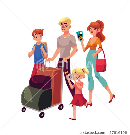 Family of four pushing luggage cart at airport 27616196