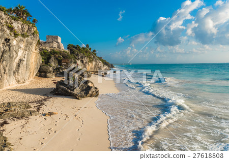 White sand beach and ruins of Tulum, Mexico White sand beach and ruins of Tulum, Mexico 27618808