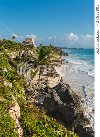 White sand beach and ruins of Tulum, Mexico White sand beach and ruins of Tulum, Mexico 27618809
