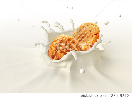 Two cookies biscuits falling into milk splashing. 27619210