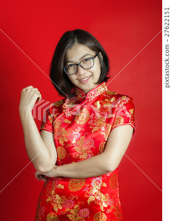 Asian glasses woman with cheongsam on red 27622151