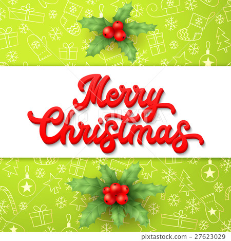 Xmas 3d lettering inscription and holly on green 27623029