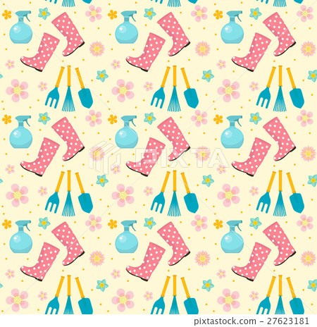 Gardening seamless pattern with garden tools - Stock Illustration ...