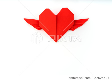 Red paper origami heart with wings on white background . 27624595