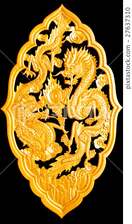 Golden wood dragon carving on black with path 27637310
