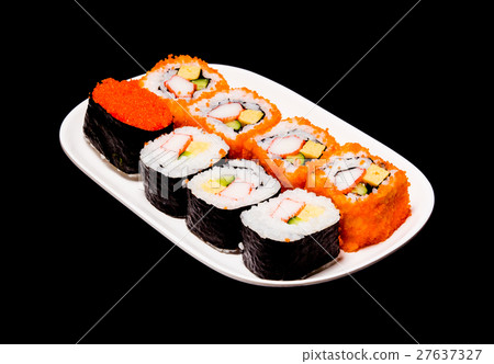 sushi in white plate on black background sushi in white plate on black background 27637327