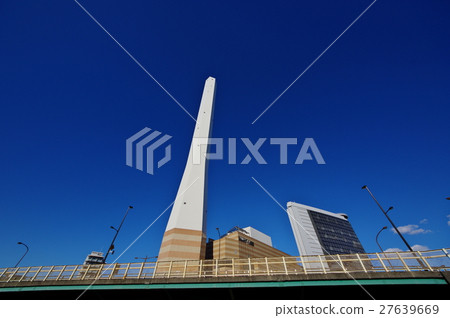 Blue sky and high urban center chimney bridge over b 27639669
