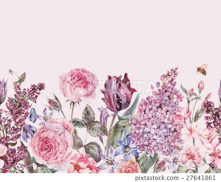 Vintage garden watercolor purple floral spring Vintage garden watercolor purple floral spring 27641861