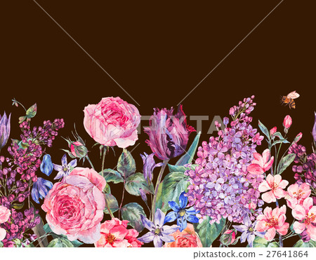 Vintage garden watercolor purple floral spring Vintage garden watercolor purple floral spring 27641864