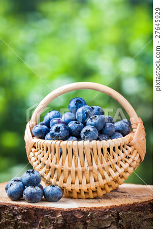 Basket with fresh ripe blueberries on wooden stump Basket with fresh ripe blueberries on wooden stump 27645929