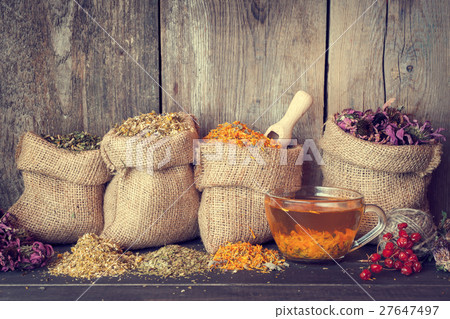 Healing herbs in hessian bags and healthy tea cup 27647497