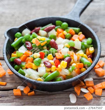 Mixed vegetable meal in old frying pan closeup Mixed vegetable meal in old frying pan closeup 27647507