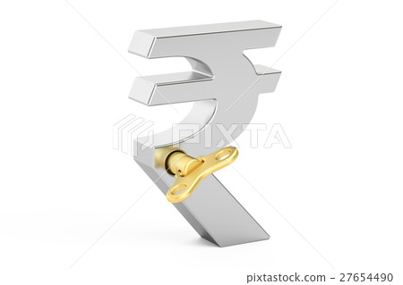 Steel Rupee symbol with wind-up key, 3D rendering 27654490
