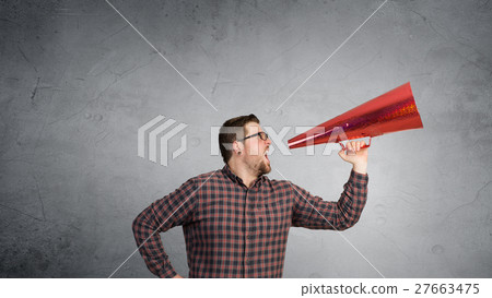 Hipster man shout in trumpet Hipster man shout in trumpet 27663475